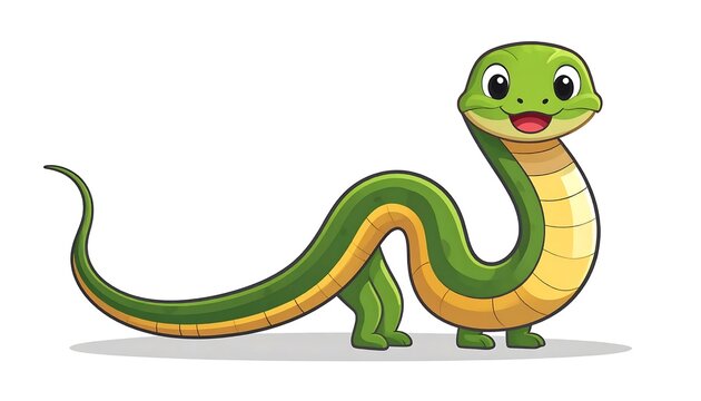 Cartoon green snake with big eyes smiling.