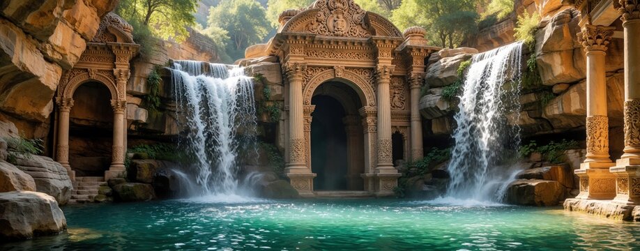 Ancient stone temple with large archway sits between two waterfalls. Clear turquoise water flows into pool below ornate carvings. Green trees grow on cliffs above historic ruins. Peaceful spiritual