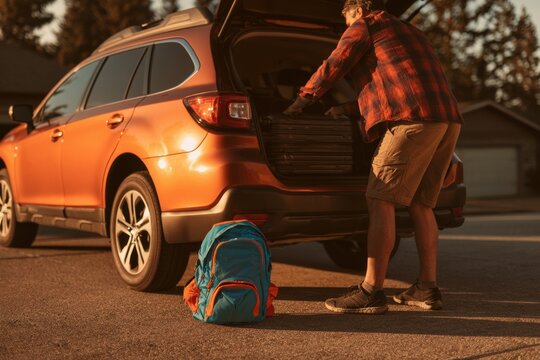 Man loading luggage into car trunk for road trip vacation