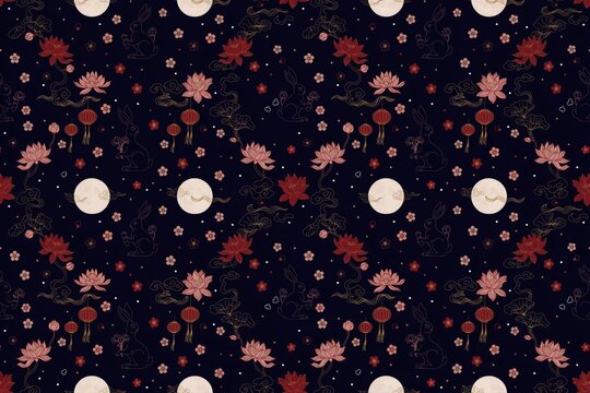 Seamless pattern featuring chinese mid-autumn festival with rabbits, lotus flowers, glowing full moons, and red lanterns on dark blue