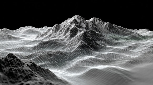 Cyber grid landscape blockchain grid environment digital wireframe mountain landscape rendered in 3d with white grid lines on black background