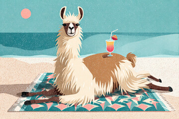 Naklejka premium Llama Relaxing on Beach with Cocktail Illustration
