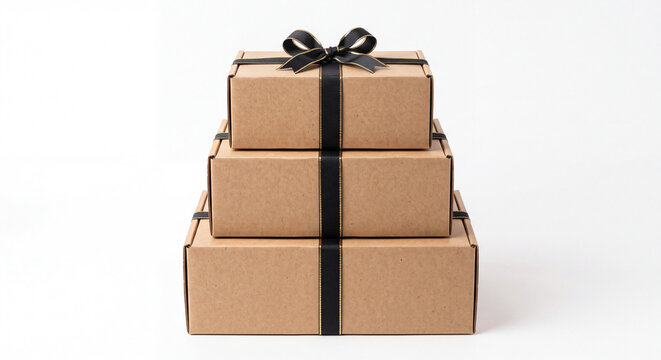 Stack of four brown gift boxes with black ribbon tied in bow on white background
