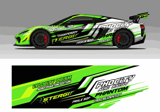Green and black sports car with racing decals and wrap