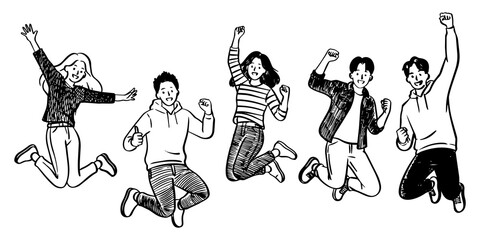 Diverse group of cheerful friends jumping together black and white hand drawn sketch illustration