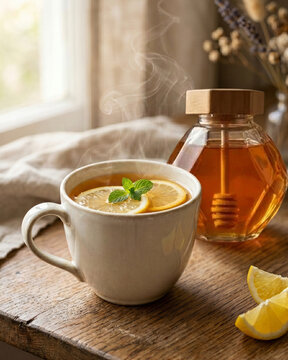 Lemon tea with honey in a ceramic mug with lemon slices next to a hexagonal glass jar with honey on a wooden table.
