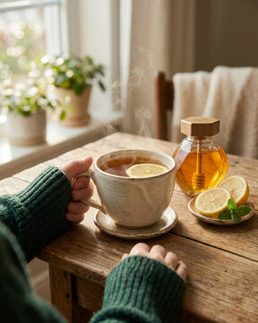 Female hands hold a steaming cup of honey lemon tea on a wooden table.