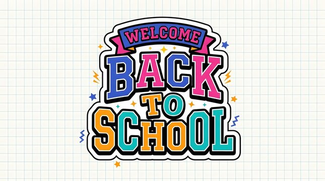 Welcome Back to School Modern Varsity College Style Typographic Badge with Ribbon on Grid Paper
