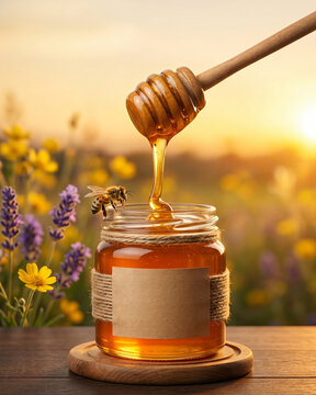 Golden honey being poured with a wooden spoon into a glass jar, like a bee resting in the jar in an outdoor setting surrounded by wildflowers.