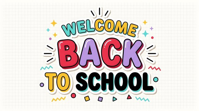 Welcome Back to School Cute Colorful Typography Sticker Badge on Grid Paper Background