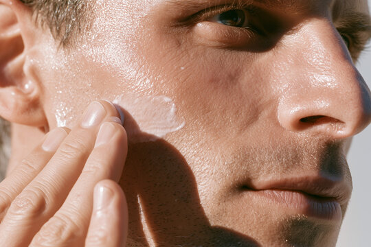 Young man applying moisturizer cream or sunscreen to face blue background