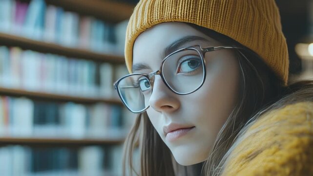 A young woman wearing glasses and a yellow beanie hat is looking down at a book with intent focus, surrounded by bookshelves filled with books.