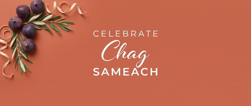 Chag Sameach Jewish Holiday Banner with Fresh Figs and Olive Branch on Terracotta Background for Sukkot Shavuot Celebration Greeting Card Horizontal Flat Lay Web Header Copy Space Design Background