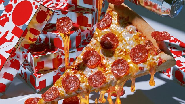 Cheesy melted pizza slice with pepperoni, frozen food box packaging stacked dynamically, red and silver graphic design elements, pop-art commercial layout, high saturation, sharp sunlight shadows