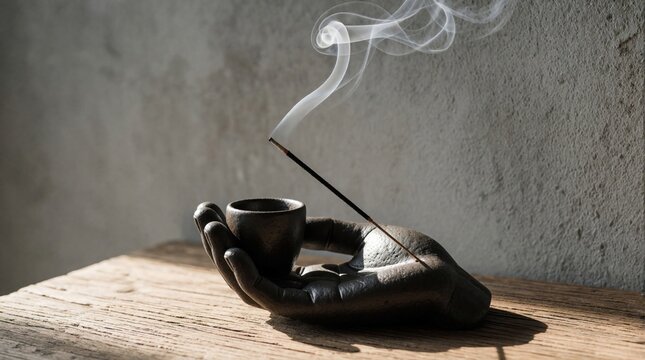 Burning incense stick smolders in ceramic cup held by hand-shaped holder. White smoke rises against rough concrete wall. Natural light casts shadows on wooden table.