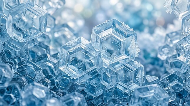 Macro shot of clear geometric crystalline structures with blue light highlights