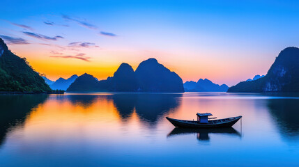 Fototapeta premium Serene landscape featuring boat on calm water at sunset, surrounded by mountains and vibrant sky colors