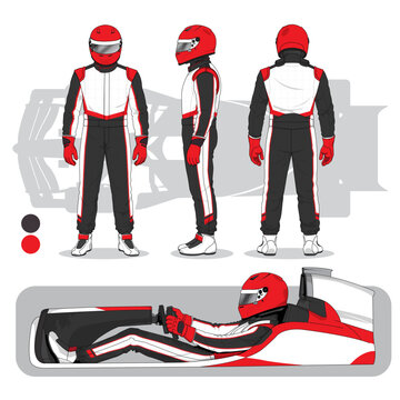 Race Car Driver in Racing Suit and Kart Illustration Set