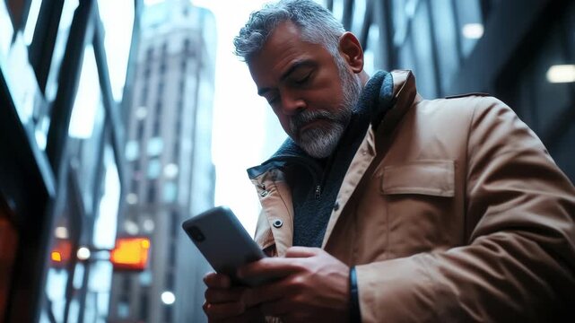 Man in city, dressed warmly, holding smartphone. He gazes down, focused on screen's display. Urban structures loom behind him, blurred slightly. Soft daylight filters through tall building frames