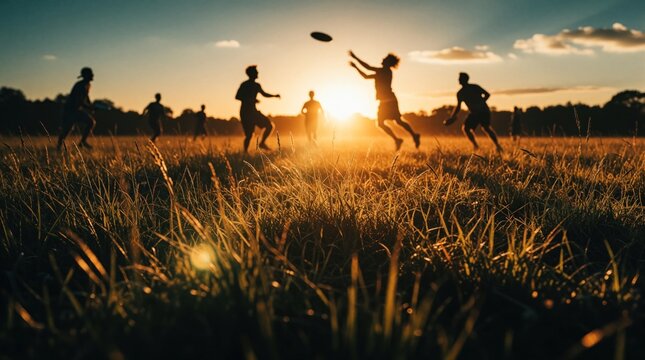 People play ultimate frisbee at sunset. Silhouettes of friends jump and run on grassy field catching disc. Evening light illuminates group playing team sport outdoors.
