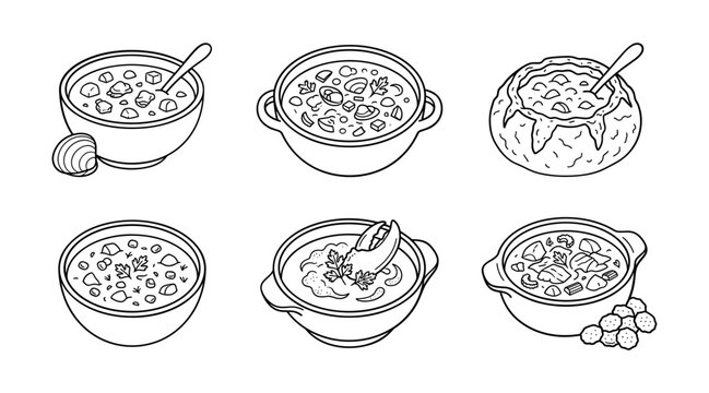 Seafood Chowder and Soup Vector Icon Set with Clam Chowder Bowl, Crab Claw Bisque, Bread Bowl, Oyster Crackers, Pot, and Stew for Menu Designs
