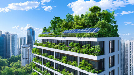 Fototapeta premium Eco friendly building with green rooftop garden and solar panels, showcasing sustainable architecture in urban environment