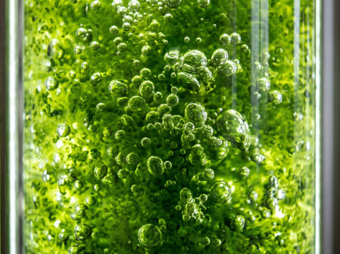 Algae photobioreactor filled with green microalgae culture bubbles macro