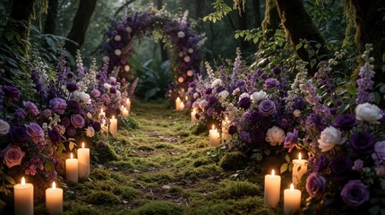Obraz premium Enchanted forest wedding aisle lined with purple flowers and lit by candles. Floral archway invites couple to magical ceremony. Romantic outdoor marriage setting.
