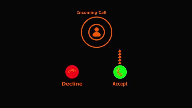 Incoming call screen interface with orange user decline red button and accept green button on black background.