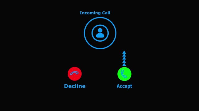 Incoming call screen interface with blue user decline red button and accept green button on black background.
