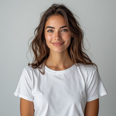 Fototapeta premium Portrait of a beautiful young woman with long wavy hair wearing a white t-shirt