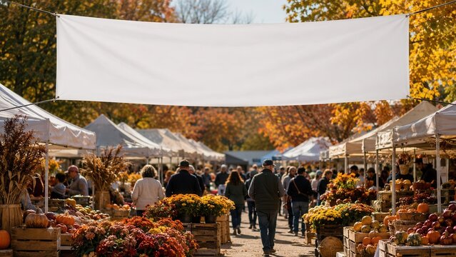 Autumn farmers market festival banner mockup with blank hanging fabric sign above seasonal outdoor stalls