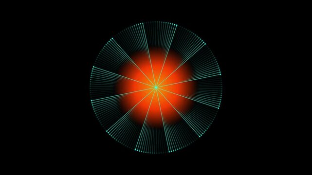 Glowing orange circular core radiating vibrant blue data signal beams in a digital animation video