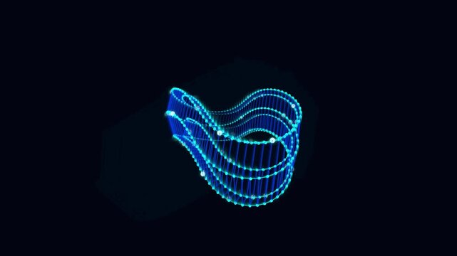 Blue glowing abstract wireframe structure rotating in a seamless dark motion video background loop animation
