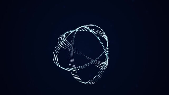 Rotating sphere structure composed of bright blue light particles creates dynamic motion video for digital backgrounds