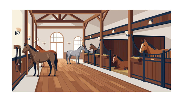 Flat vector illustration of horses inside a luxury wooden stable