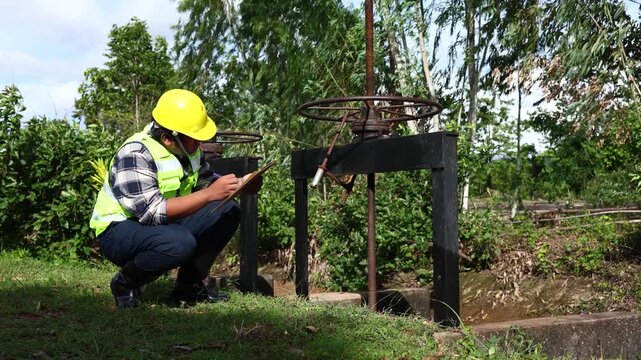 Engineer inspecting irrigation sluice gate and water control system for agricultural infrastructure maintenance.