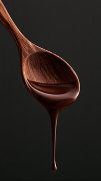 Wooden spoon dripping melted chocolate on dark background