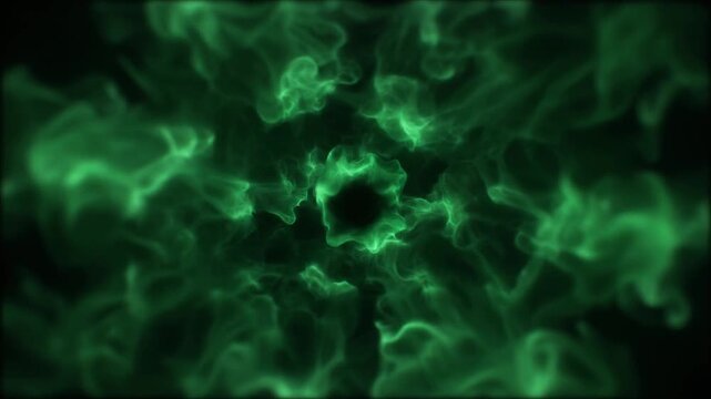 Deep forest-green plasma unfurls from compact core into wider luminous tendrils against deep black, combining futuristic energy with natural tones, cinematic glow, and smooth motion.