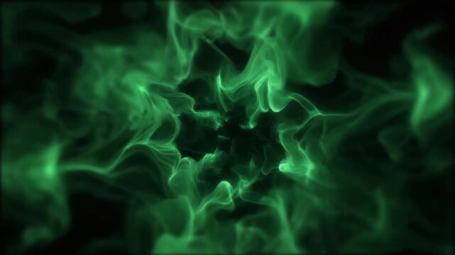 Deep forest-green plasma unfurls from compact core into wider luminous tendrils against deep black, combining futuristic energy with natural tones, cinematic glow, and smooth motion.