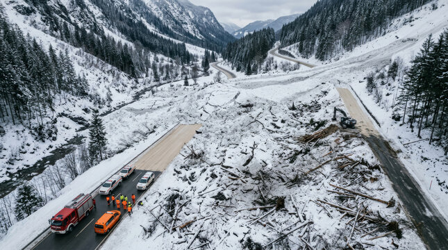 Snow avalanche aftermath rescue operation in a mountain valley with emergency vehicles