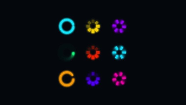 Colorful neon loading circle animations in motion for digital user interface design and web software applications
