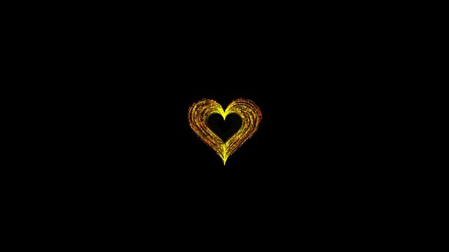 Golden glowing heart shape formed by energetic particles flickering in this abstract digital motion video clip