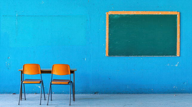 Vacant school classroom features two orange chairs and wooden table against vibrant blue wall with green chalkboard