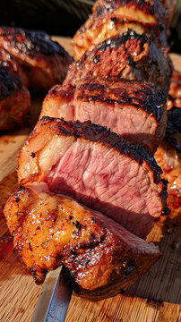 Flame grilled meat skewers with charred texture