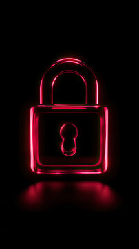 Glowing red neon padlock symbol on black background