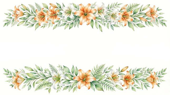 Watercolor of horizontal floral borders with orange lilies, white lilies, and green fern leaves on a white background