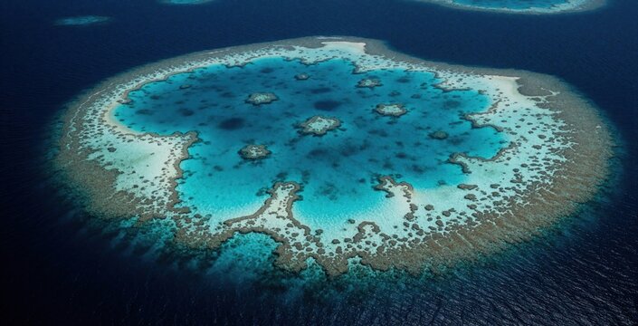 Aerial view of tropical coral reef atoll in deep blue ocean. Circular reef structure with turquoise shallow lagoon and white sand. Marine ecosystem, natural wonder.