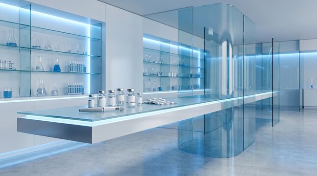 Modern laboratory interior with scientific equipment and blue illumination