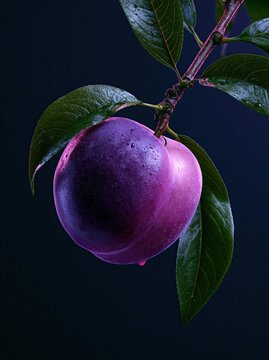 Ripe purple plum with water droplets on dark background